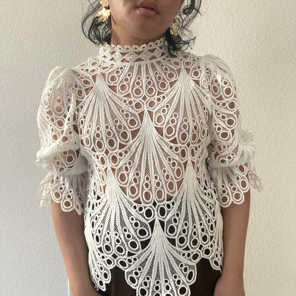 White Puff Sleeve Eyelet Lace Blouse